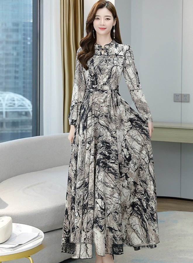Women's Elegant Chiffon Dress, Ink Painting Texture Big Hemline Long Dresses, Daily Commuting Slim Youthful Long Sleeve Dress, Ladies Tighten Waist Spring Summer Dress - Image 1