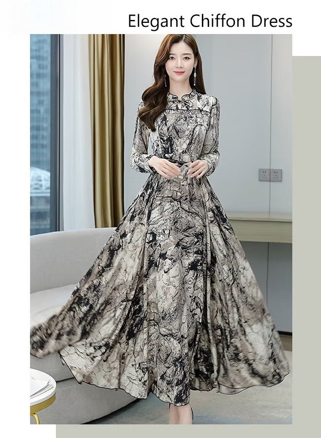 Women's Elegant Chiffon Dress, Ink Painting Texture Big Hemline Long Dresses, Daily Commuting Slim Youthful Long Sleeve Dress, Ladies Tighten Waist Spring Summer Dress - Image 3
