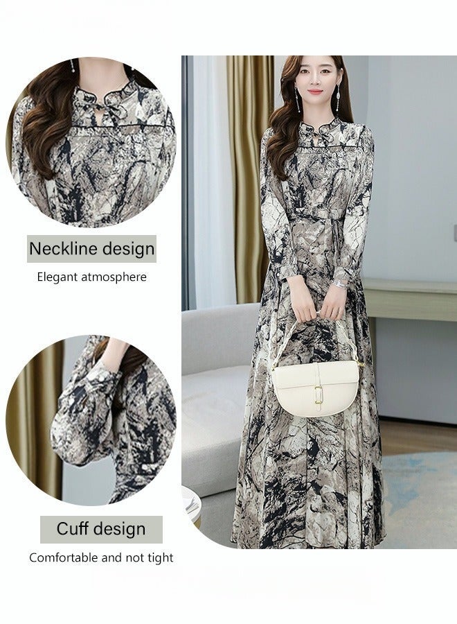 Women's Elegant Chiffon Dress, Ink Painting Texture Big Hemline Long Dresses, Daily Commuting Slim Youthful Long Sleeve Dress, Ladies Tighten Waist Spring Summer Dress - Image 5