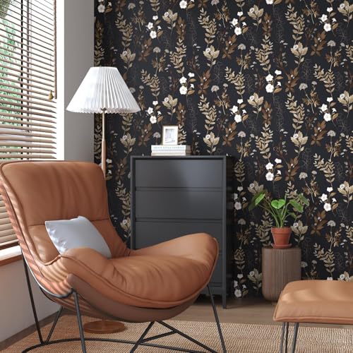 Fvlow Black Floral Wallpaper Peel and Stick Gold Leaf Contact Paper 17.4" x 118" Leaf Wallpaper Waterproof Self-Adhesive Wall Covering for Bedroom Countertop Desk Cabinets Decor - Image 2