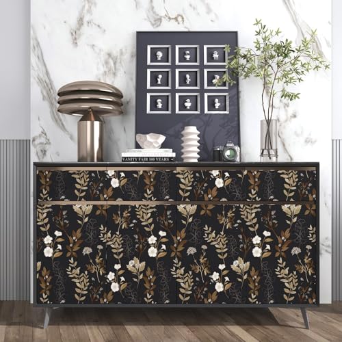 Fvlow Black Floral Wallpaper Peel and Stick Gold Leaf Contact Paper 17.4" x 118" Leaf Wallpaper Waterproof Self-Adhesive Wall Covering for Bedroom Countertop Desk Cabinets Decor - Image 4