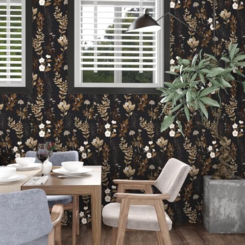 Fvlow Black Floral Wallpaper Peel and Stick Gold Leaf Contact Paper 17.4" x 118" Leaf Wallpaper Waterproof Self-Adhesive Wall Covering for Bedroom Countertop Desk Cabinets Decor - Image 5