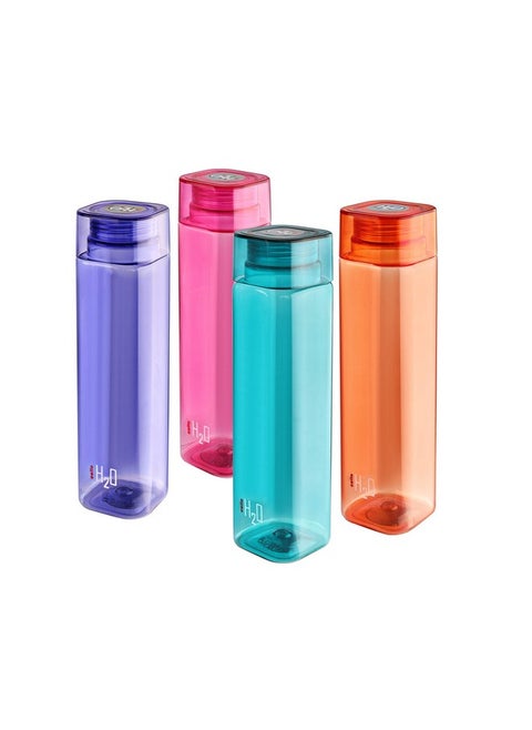 H2O Squaremate Plastic Water Bottle | Lid Is Sealed By A Silicone Ring | Leak Proof & Break-Proof |Best Usage For Office/School/College/Gym/Picnic/Home/Fridge | 1 Liter | Assorted, Set Of 4