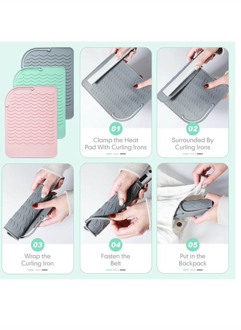 KASTWAVE - Heat Resistant Straightener Pad 8.6 x 6.2 Inch Travel Silicone Heat Resistant Mat Heat Mat for Curling Iron Straightener Holder Flat Iron Mat for Hot Hair Dryer Salon Tools (3 Pcs Pink, Green, Gray) - Image 1