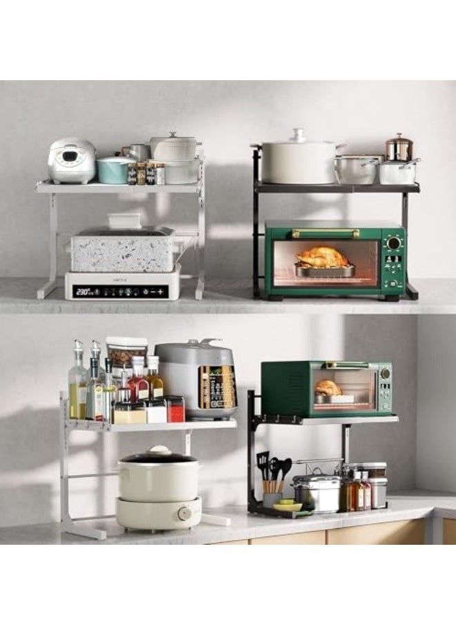 Metal Microwave Oven Rack Expandable Kitchen Utensils Tableware Storage,3 Tier Adjustable Microwave Oven Rack with 6 Hooks Chopping Block Frame Tool Holder Chopsticks Tube, White