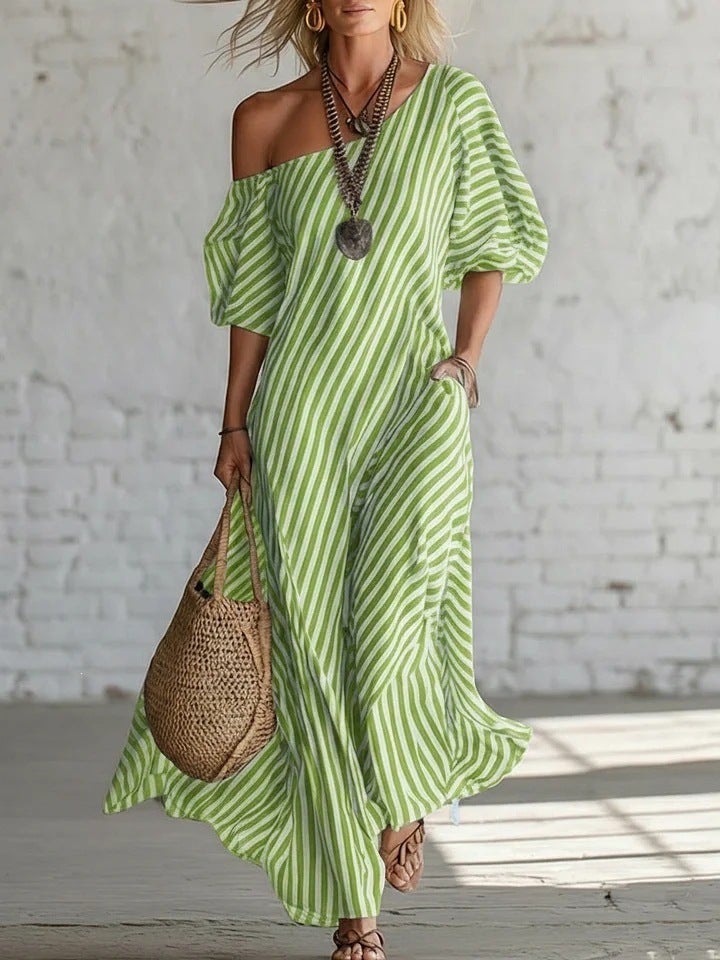 2026 Spring Women's Elegant Irregular Striped Off-Shoulder Dress - Image 1