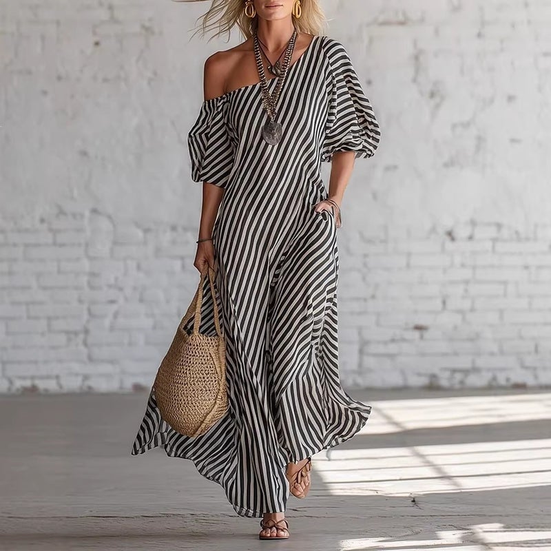 2026 Spring Women's Elegant Irregular Striped Off-Shoulder Dress - Image 4