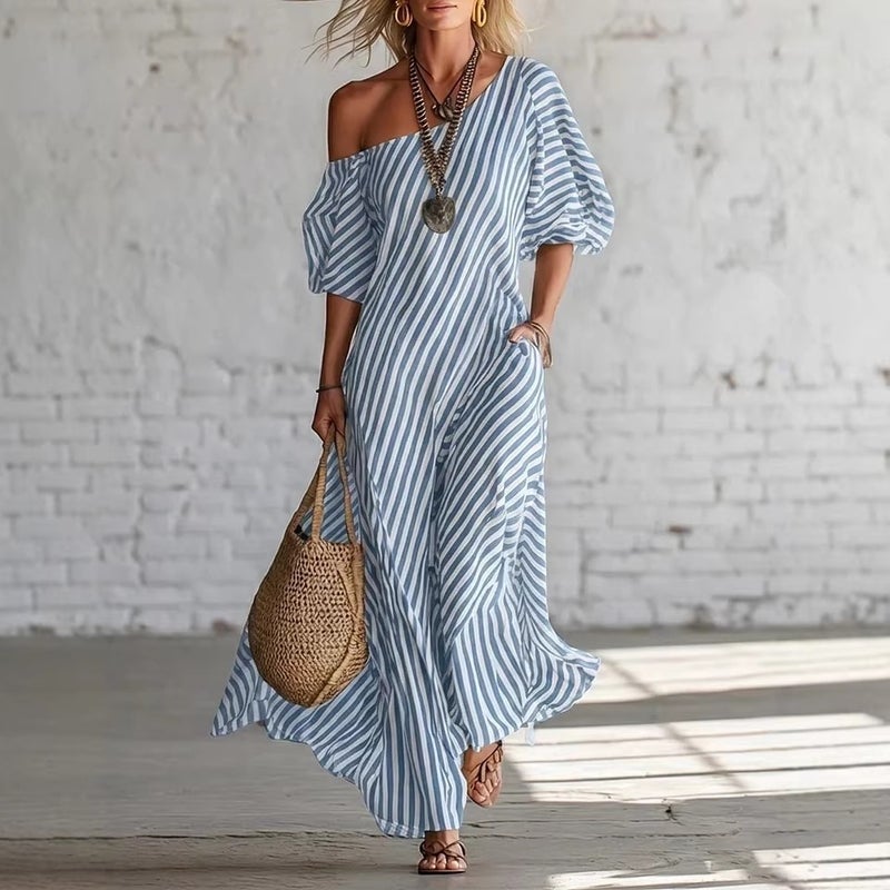 2026 Spring Women's Elegant Irregular Striped Off-Shoulder Dress - Image 5