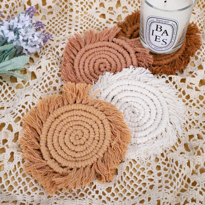 Whaline Boho Macrame Coasters Set of 4 Handmade Woven Coaster for Drinks Bohemian Cup Mat with Tassel for Kinds of Mugs and Cups Coffee Home Kitchen Office Wooden Table Decor - Image 3