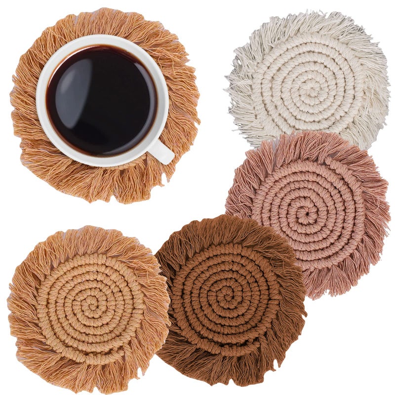 Whaline Boho Macrame Coasters Set of 4 Handmade Woven Coaster for Drinks Bohemian Cup Mat with Tassel for Kinds of Mugs and Cups Coffee Home Kitchen Office Wooden Table Decor - Image 1