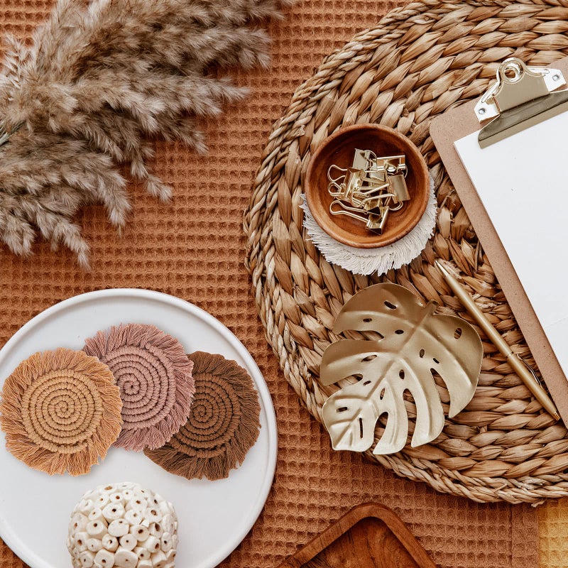 Whaline Boho Macrame Coasters Set of 4 Handmade Woven Coaster for Drinks Bohemian Cup Mat with Tassel for Kinds of Mugs and Cups Coffee Home Kitchen Office Wooden Table Decor - Image 5