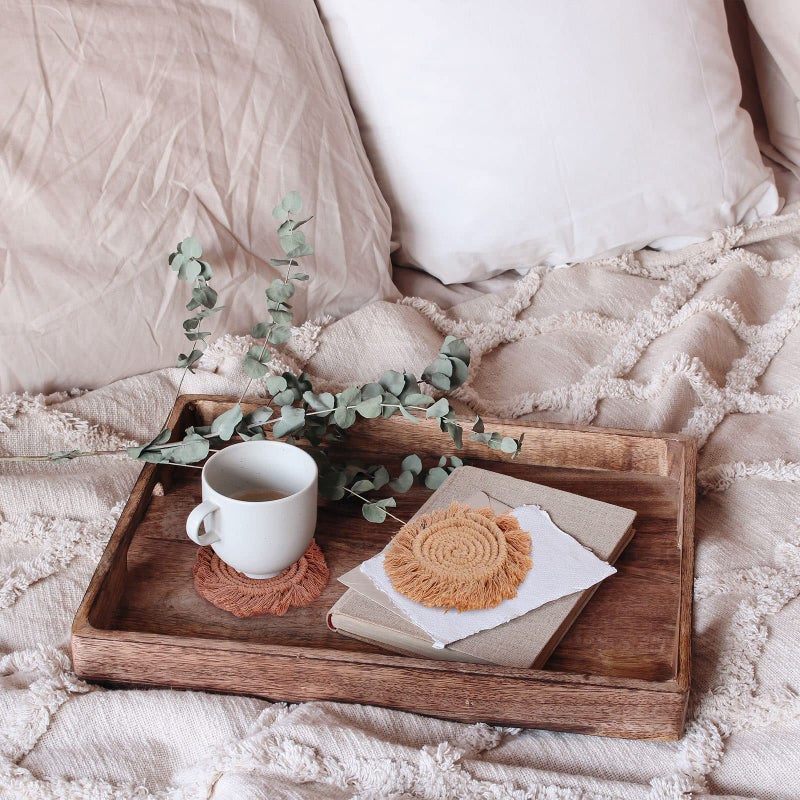 Whaline Boho Macrame Coasters Set of 4 Handmade Woven Coaster for Drinks Bohemian Cup Mat with Tassel for Kinds of Mugs and Cups Coffee Home Kitchen Office Wooden Table Decor - Image 4