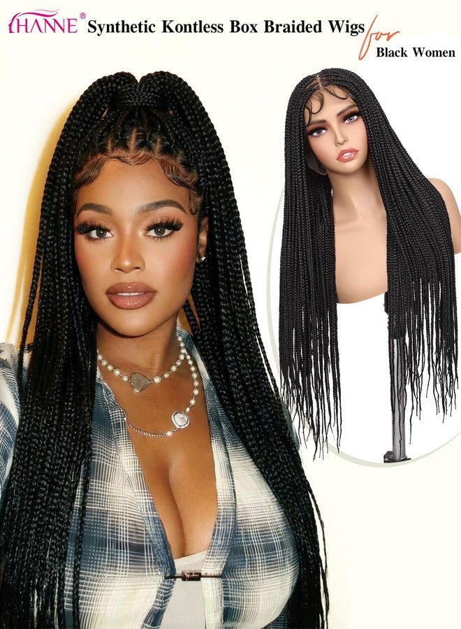 HANNE Real Full Lace Braided Wigs for Black Women 34 Inch Knotless Braided Wigs with Baby Hair 100% Handmade HD Lace Synthetic Box Braid Wig (Natural Black) - Image 4
