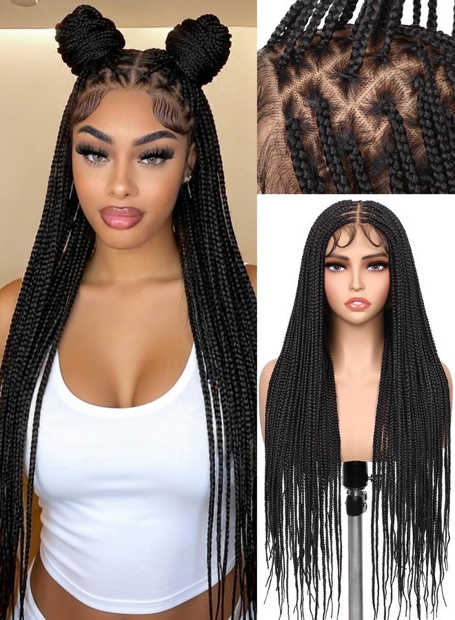 HANNE Real Full Lace Braided Wigs for Black Women 34 Inch Knotless Braided Wigs with Baby Hair 100% Handmade HD Lace Synthetic Box Braid Wig (Natural Black) - Image 1
