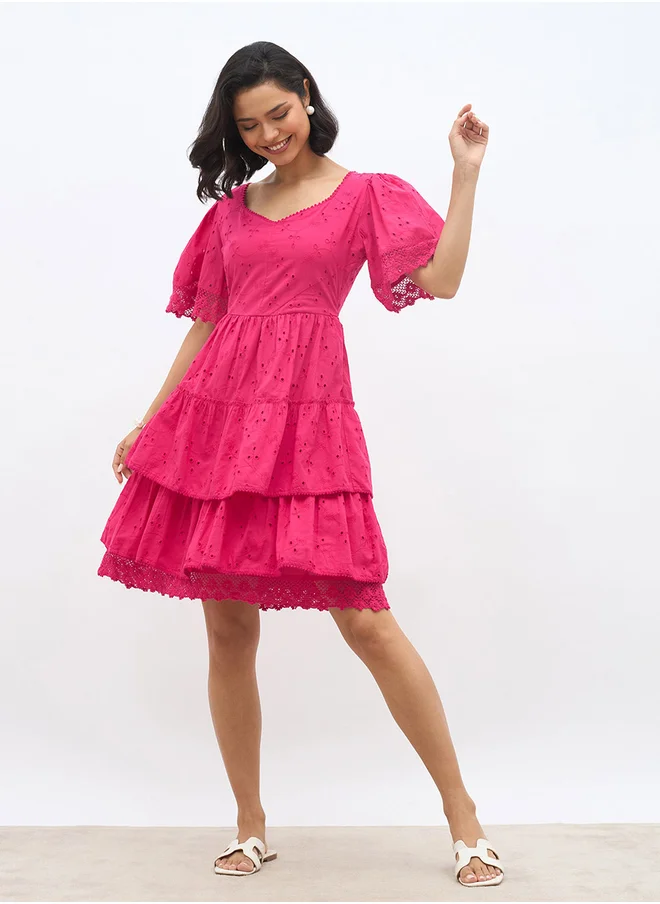 ستايلي Styli Schiffli Flared Sleeves Layered Tiered Knee-Length Dress