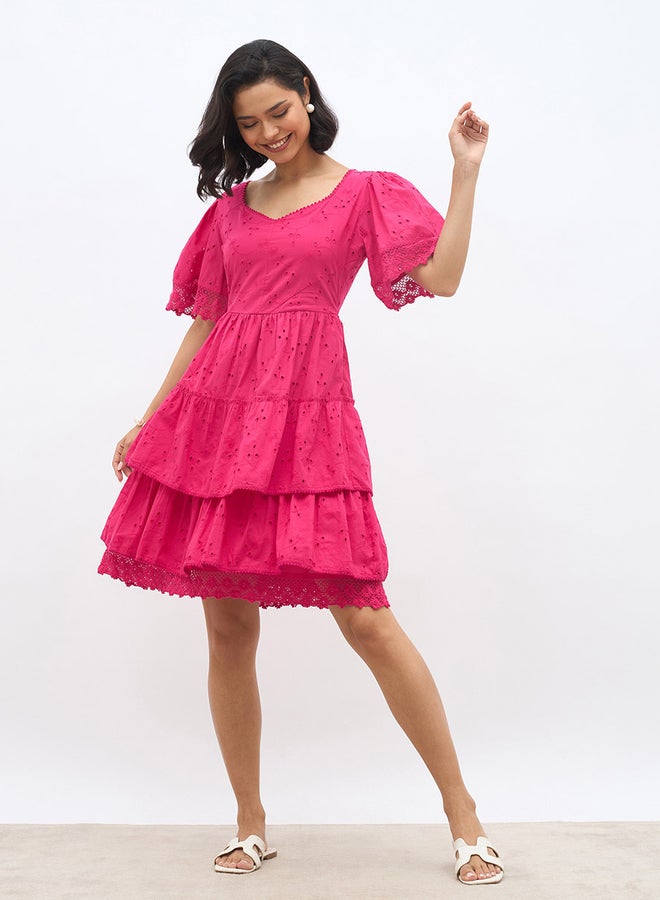 Styli Schiffli Flared Sleeves Layered Tiered Knee-Length Dress - Image 2