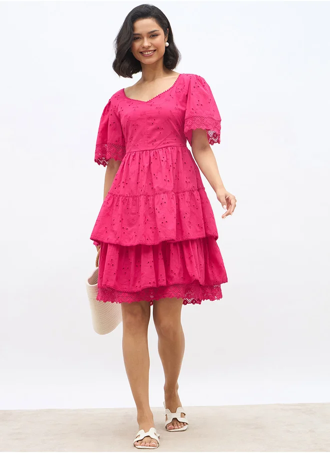 ستايلي Styli Schiffli Flared Sleeves Layered Tiered Knee-Length Dress