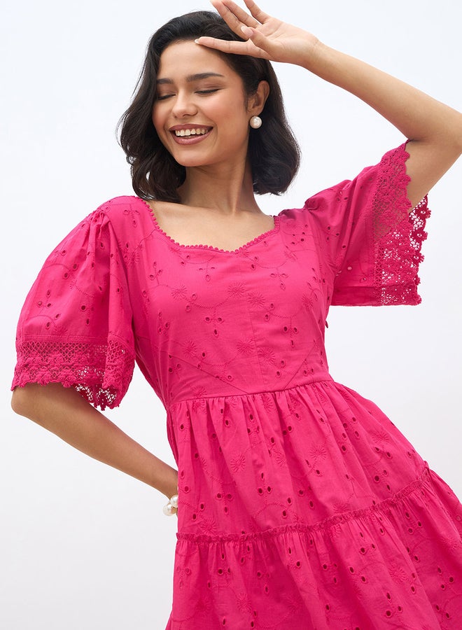 Styli Schiffli Flared Sleeves Layered Tiered Knee-Length Dress - Image 4