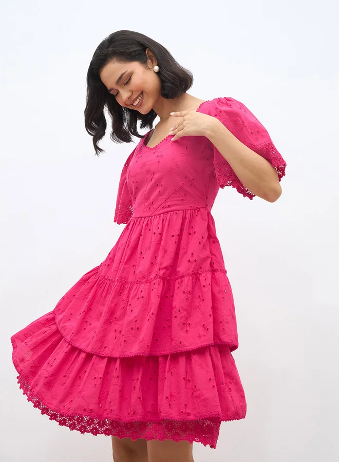 Styli Styli Schiffli Flared Sleeves Layered Tiered Knee-Length Dress