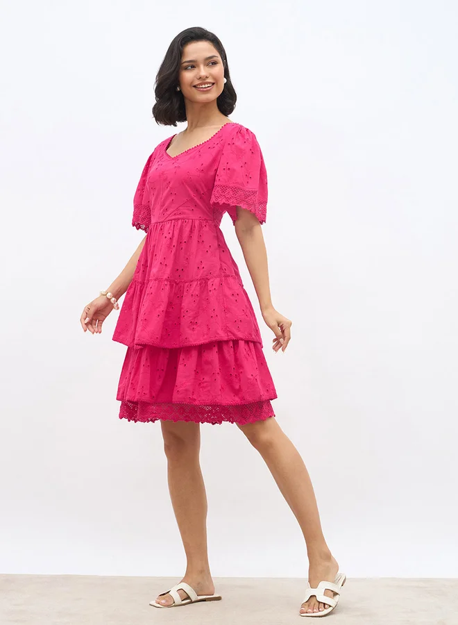 Styli Styli Schiffli Flared Sleeves Layered Tiered Knee-Length Dress
