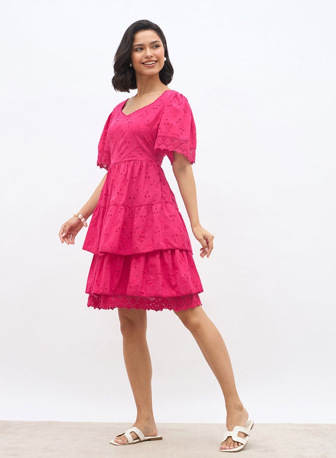 Styli Schiffli Flared Sleeves Layered Tiered Knee-Length Dress - Image 3