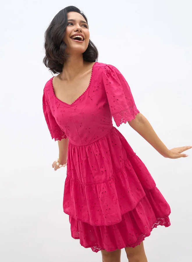 Styli Styli Schiffli Flared Sleeves Layered Tiered Knee-Length Dress