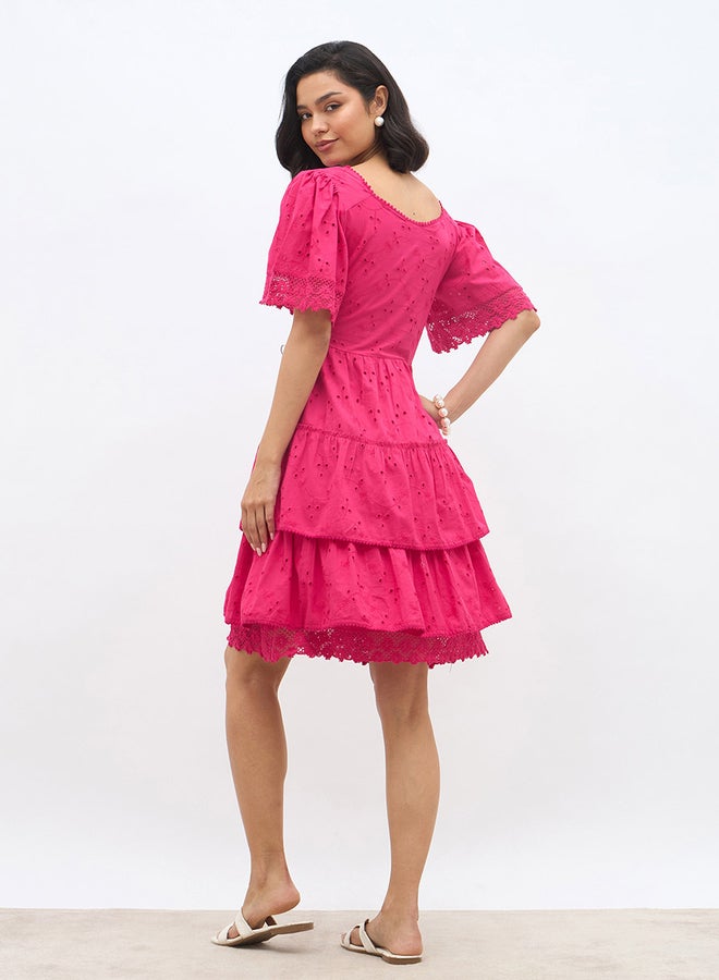 Styli Schiffli Flared Sleeves Layered Tiered Knee-Length Dress - Image 5