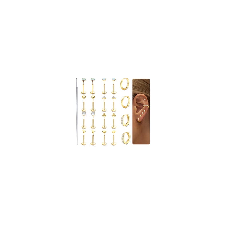 Sanfenly Threadless Flat Back Earrings 316L Surgical Steel Gold Cartilage Earring for Women Men Hypoallergenic Push in Flatback Stud Earrings 20G Flat Back Stud Nose Rings Hoop CZ Opal Helix Conch Nostril Tragus Piercing Jewelry Gift - Image 1