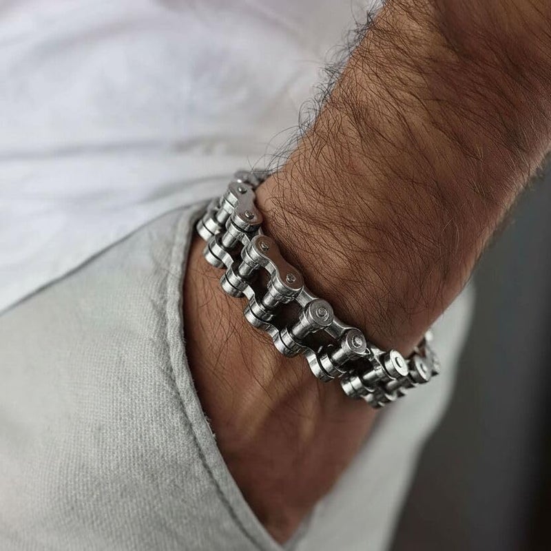 COOLSTEELANDBEYOND سوار سلسلة الدراجة الثقيلة للرجال من COOLSTEELANDBEYOND - فولاذ مقاوم للصدأ، مصقول بالفضة - Image 3