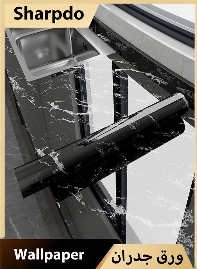 Sharpdo Black Wallpaper Black Peel and Stick Wallpaper Marble Counter Top Stick on Wallpaper Backsplash Self Adhesive Wallpaper (White Stripes, 3m×60cm) - Image 1
