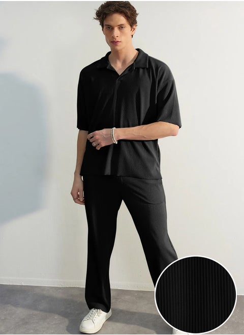 Limited Edition Black / Wide Leg Textured Wrinkle-Free Hidden Drawstring One Piece Sweatpants TMNSS23EA00013