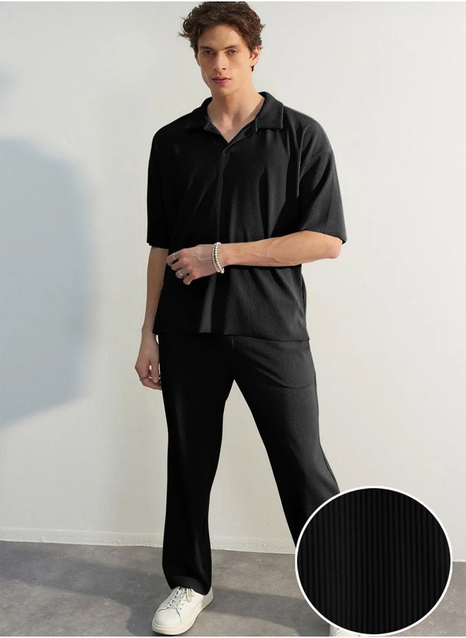 Limited Edition Black / Wide Leg Textured Wrinkle-Free Hidden Drawstring One Piece Sweatpants TMNSS23EA00013