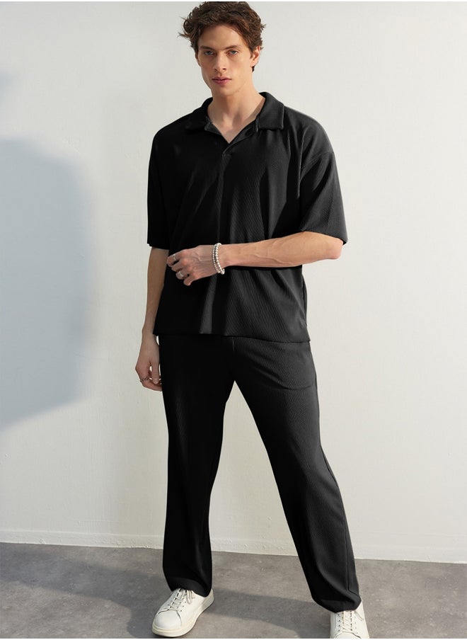 Limited Edition Black / Wide Leg Textured Wrinkle-Free Hidden Drawstring One Piece Sweatpants TMNSS23EA00013