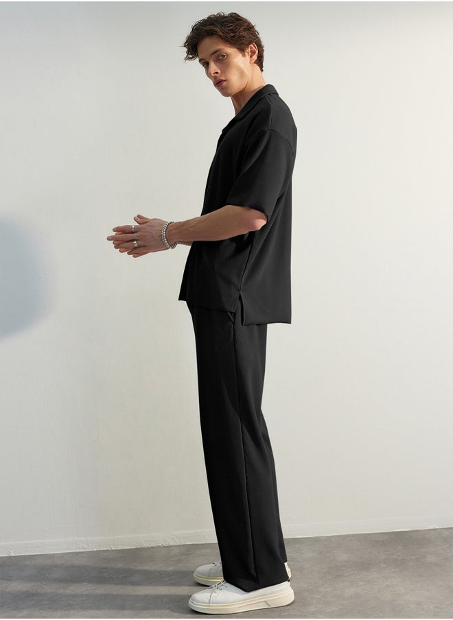 Limited Edition Black / Wide Leg Textured Wrinkle-Free Hidden Drawstring One Piece Sweatpants TMNSS23EA00013