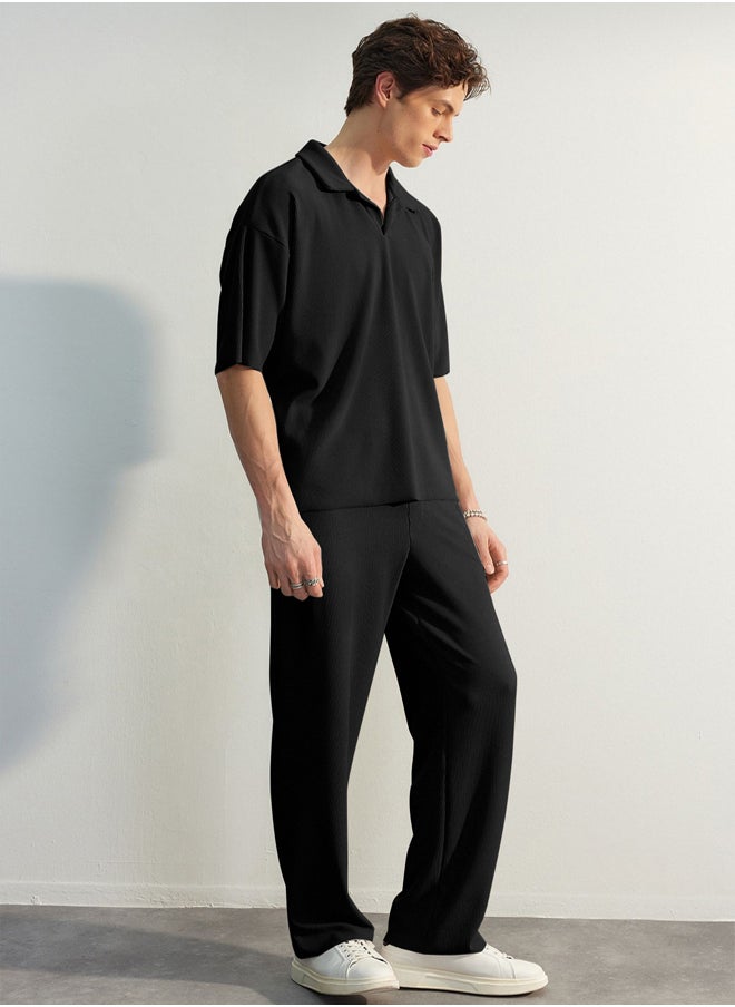 Limited Edition Black / Wide Leg Textured Wrinkle-Free Hidden Drawstring One Piece Sweatpants TMNSS23EA00013