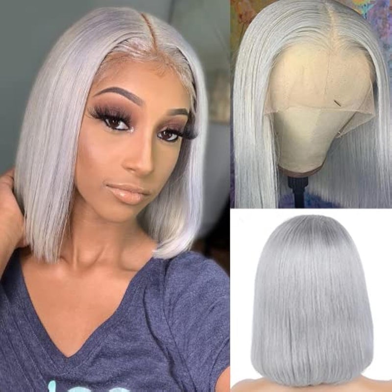 Smartinnov Grey Bob Wigs Human Hair 13x4 Lace Front Wigs Glueless Brazilian Remy Hair Straight for Women 8 Inch Pre Plucked Natural Hairline 180% Density Grey HD Lace Frontal Short Bob Wigs - Image 2