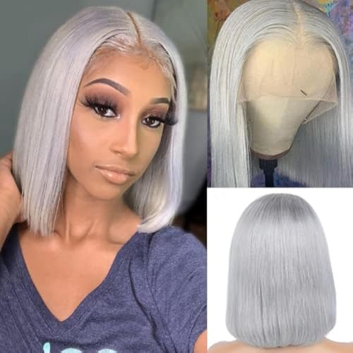 Smartinnov Grey Bob Wigs Human Hair 13x4 Lace Front Wigs Glueless Brazilian Remy Hair Straight for Women 8 Inch Pre Plucked Natural Hairline 180% Density Grey HD Lace Frontal Short Bob Wigs - Image 1