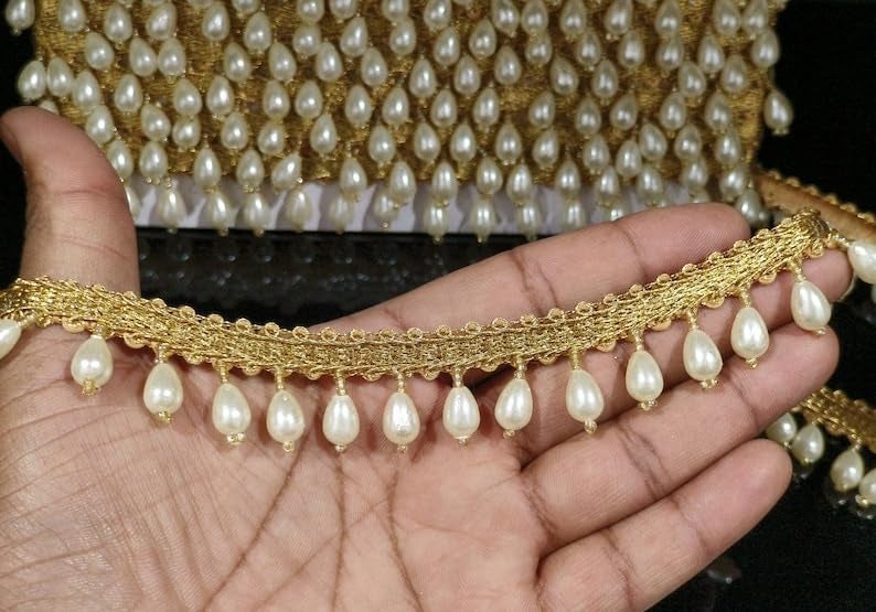 ANIDA Indian Gold and White Beaded Tassels Lace Trim for Dress Embellishments for Crafting Sewing and Cloth Accessories 9Meter Pack of 1