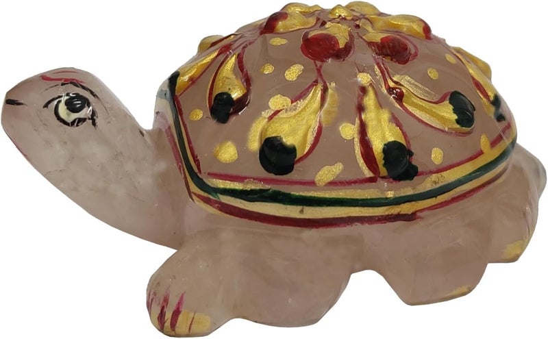 Purpledip Rose Quartz Stone Tortoise (Turtle) Statue with Gold Painting : Hand Polished Natural Healing Gemstone Rock Idol for Positive Energy (12007)