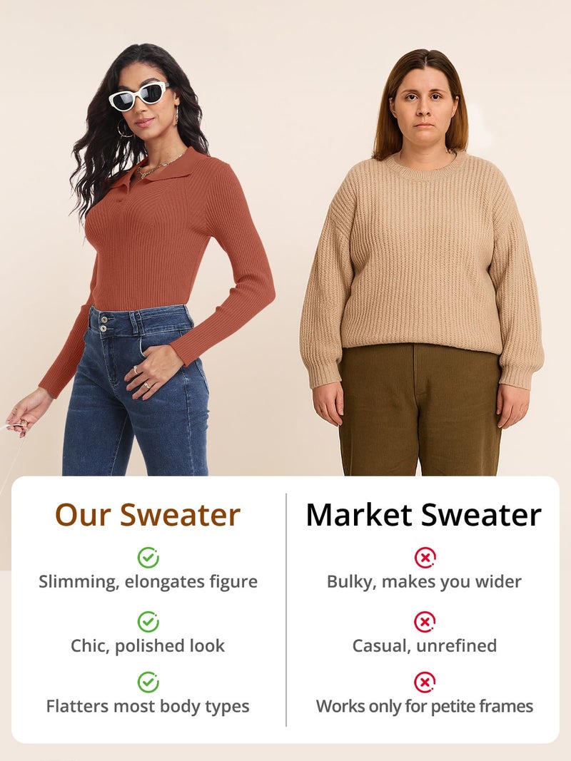 Feiersi Sweaters for Women Casual Trendy Lapel V Neck Long Sleeve Sweater Ribbed Knit Stretch Soft Pullover Shirt(Sky Grey,Small) - Image 5