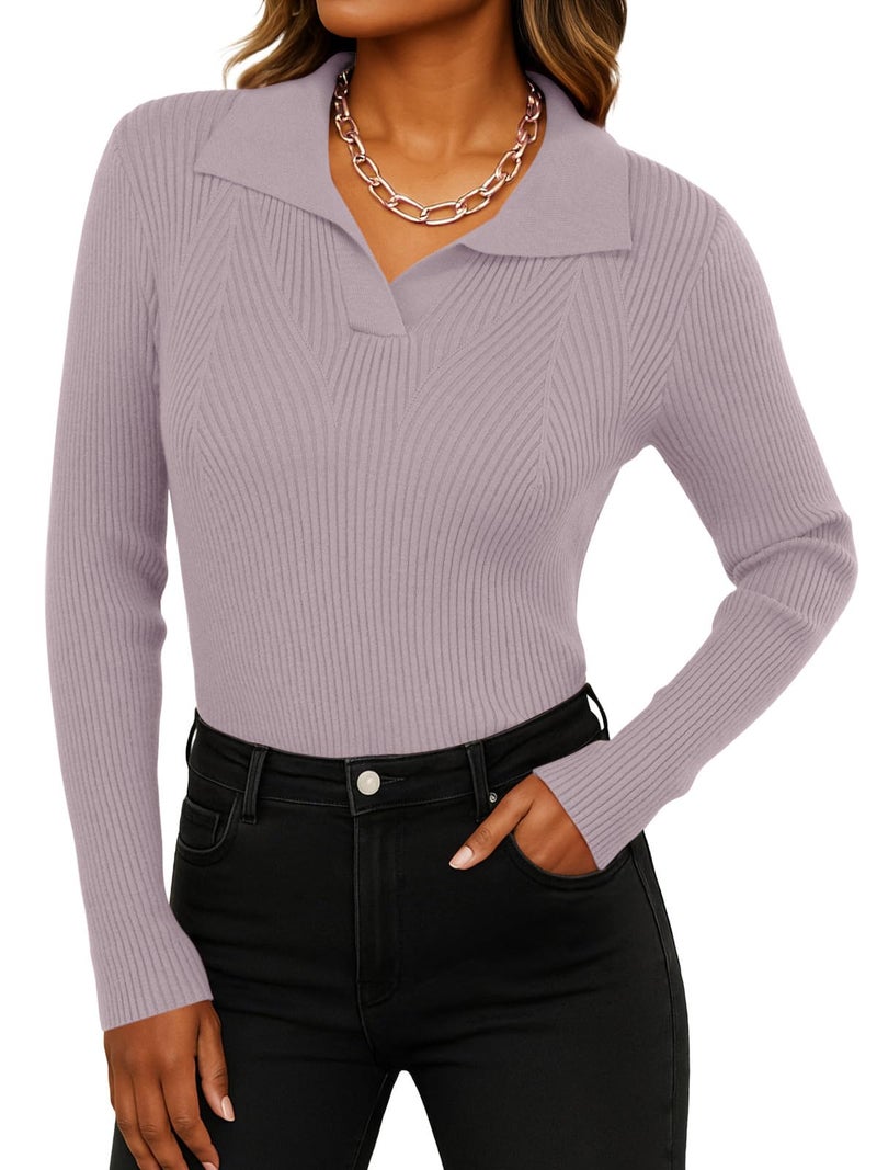 Feiersi Sweaters for Women Casual Trendy Lapel V Neck Long Sleeve Sweater Ribbed Knit Stretch Soft Pullover Shirt(Sky Grey,Small) - Image 1