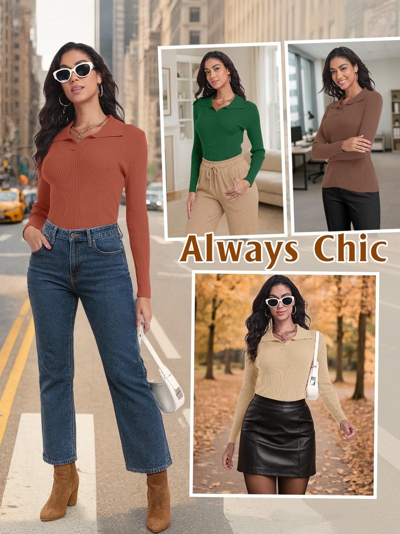 Feiersi Sweaters for Women Casual Trendy Lapel V Neck Long Sleeve Sweater Ribbed Knit Stretch Soft Pullover Shirt(Sky Grey,Small) - Image 4