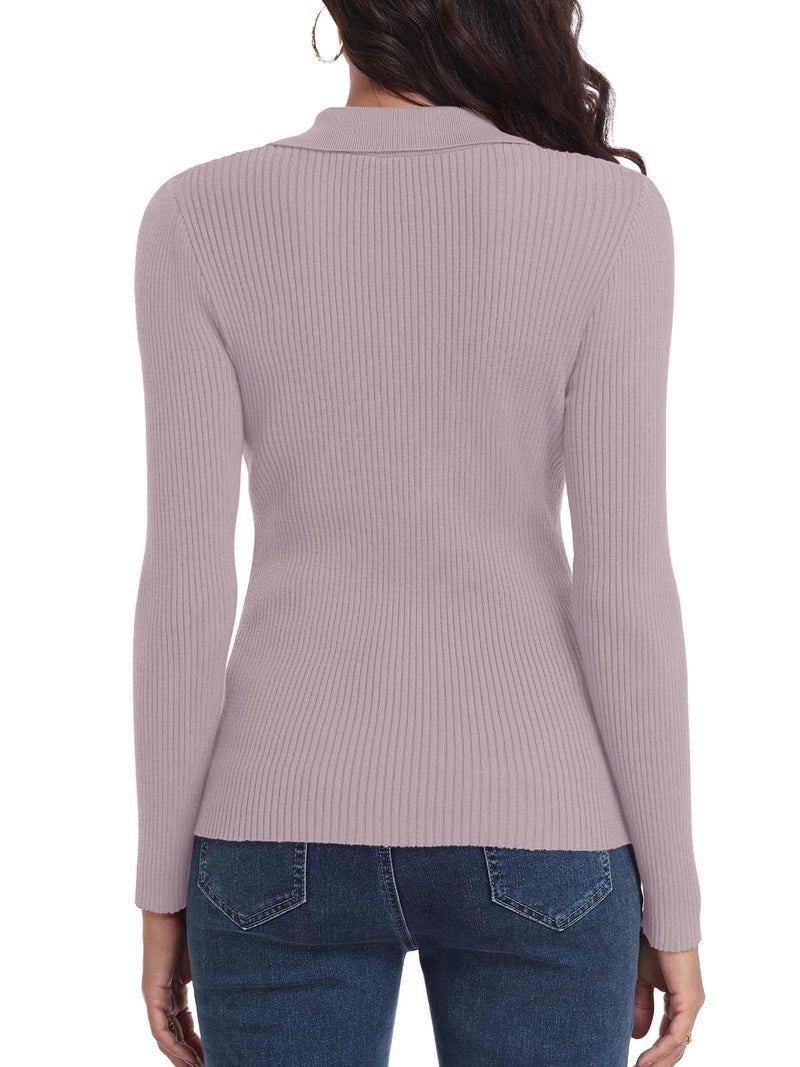 Feiersi Sweaters for Women Casual Trendy Lapel V Neck Long Sleeve Sweater Ribbed Knit Stretch Soft Pullover Shirt(Sky Grey,Small) - Image 2