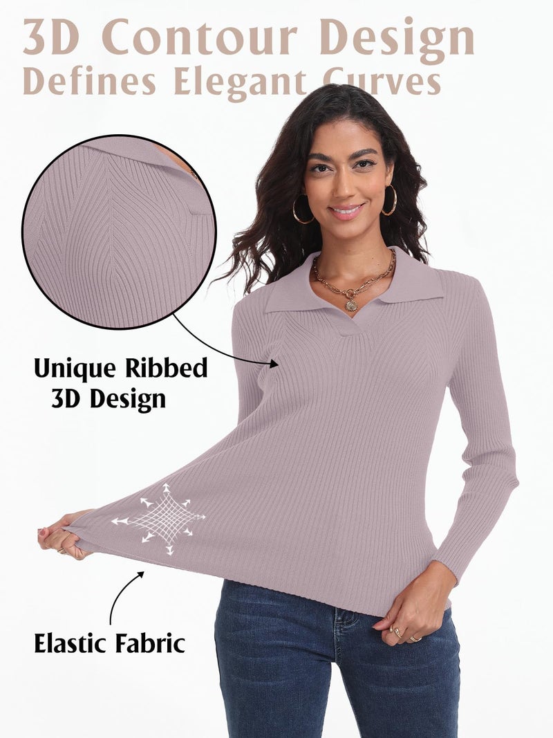 Feiersi Sweaters for Women Casual Trendy Lapel V Neck Long Sleeve Sweater Ribbed Knit Stretch Soft Pullover Shirt(Sky Grey,Small) - Image 3