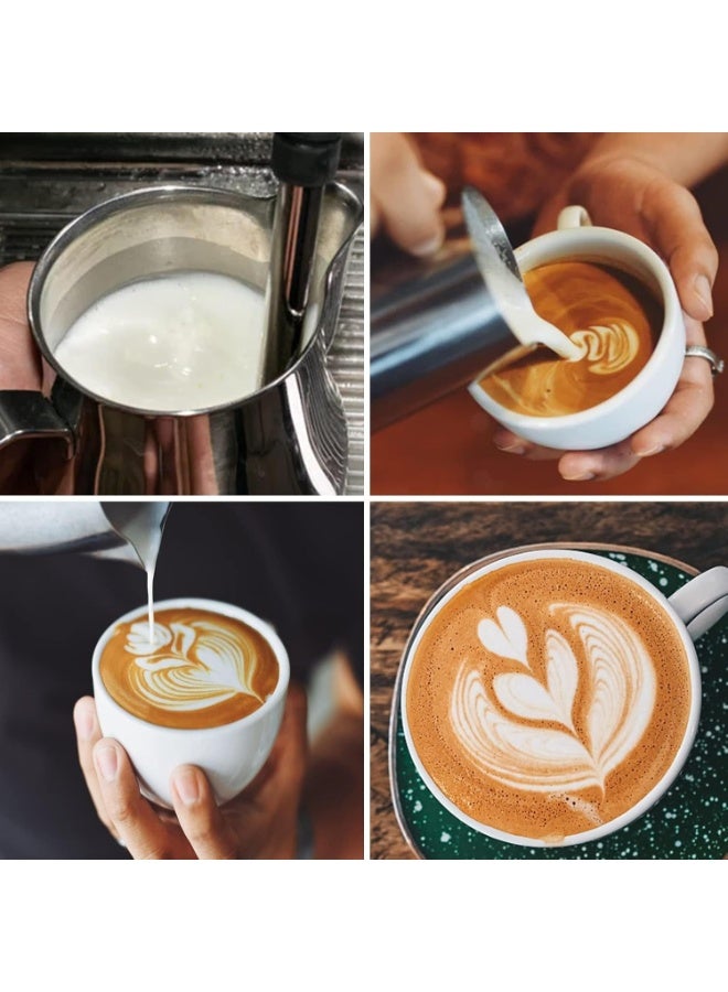 هابي هوم إبريق حليب من الستانلس ستيل بسعة 350 مل لصنع رغوة القهوة – إبريق تبخير احترافي لتسخين الحليب وصنع الكابتشينو واللاتيه والشوكولاتة الساخنة – صنبور دقيق لفن اللاتيه ومقبض مريح – آمن للغسالة وسهل التنظيف - Image 5