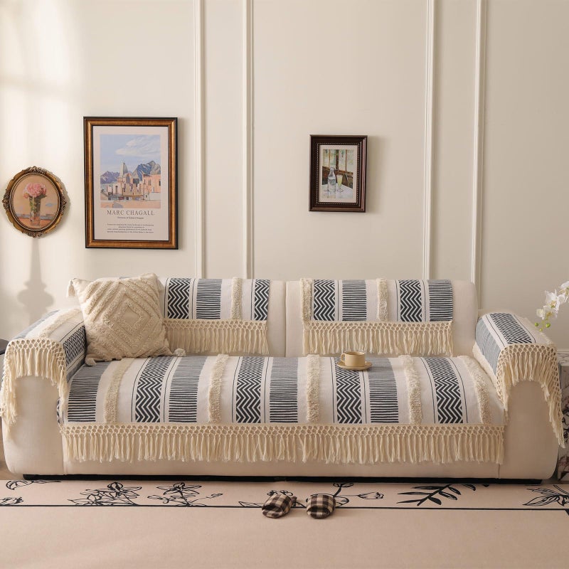 VC Life VClife Boho Couch Cover Cotton Linen Tufted Sofa Cover with Tassel, Dog Couch Cover for 2 Cushion Couch Sofa Non Slip Sofa Cover for Living Room, 35.4x63 inch - Image 4