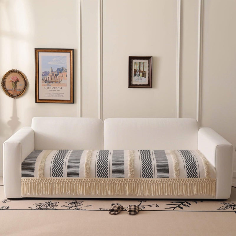 VC Life VClife Boho Couch Cover Cotton Linen Tufted Sofa Cover with Tassel, Dog Couch Cover for 2 Cushion Couch Sofa Non Slip Sofa Cover for Living Room, 35.4x63 inch - Image 1