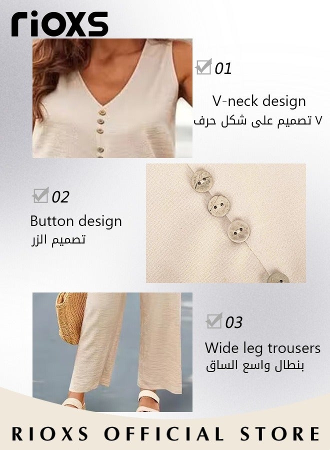 RIOXS Women's 2pcs Casual Suites Summer Linen Matching Sets V-neck Sleeveless Vest and Wide Leg Pants Sets for Daily Wear  - Image 4