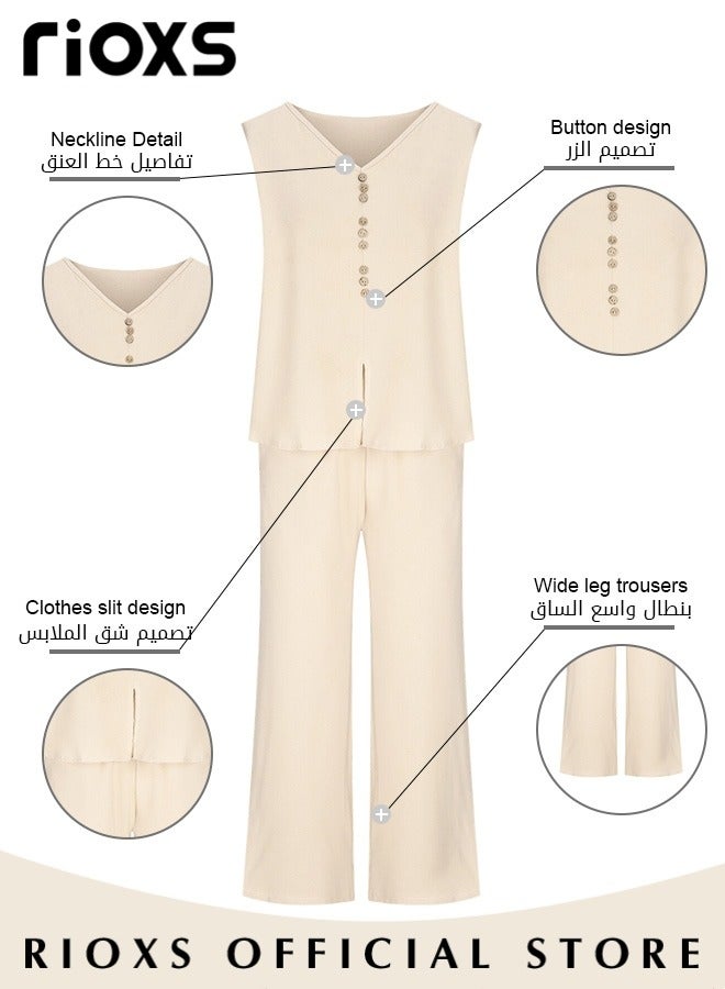 RIOXS Women's 2pcs Casual Suites Summer Linen Matching Sets V-neck Sleeveless Vest and Wide Leg Pants Sets for Daily Wear  - Image 5
