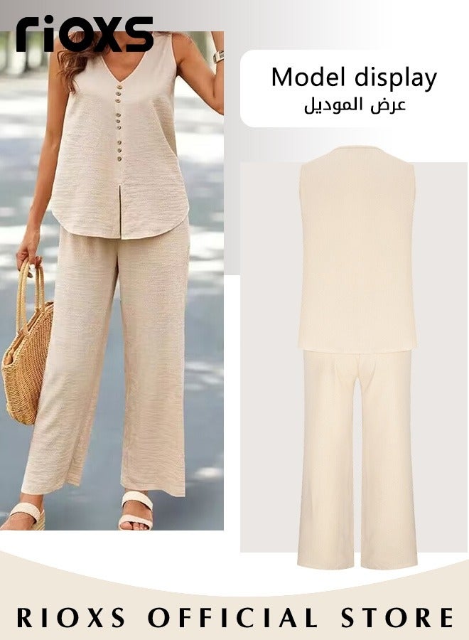 RIOXS Women's 2pcs Casual Suites Summer Linen Matching Sets V-neck Sleeveless Vest and Wide Leg Pants Sets for Daily Wear  - Image 2